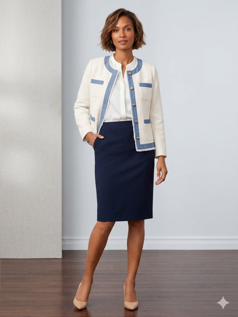 Talbots White Cotton Tweed Lady Jacket with Chambray Denim Trim & Gold Buttons